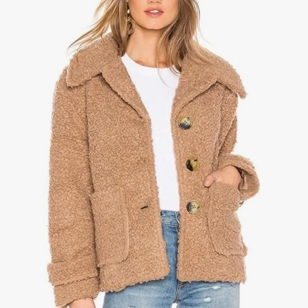 Free People So Soft Cozy Peacoat Teddy Sherpa Coat in Camel/Brown